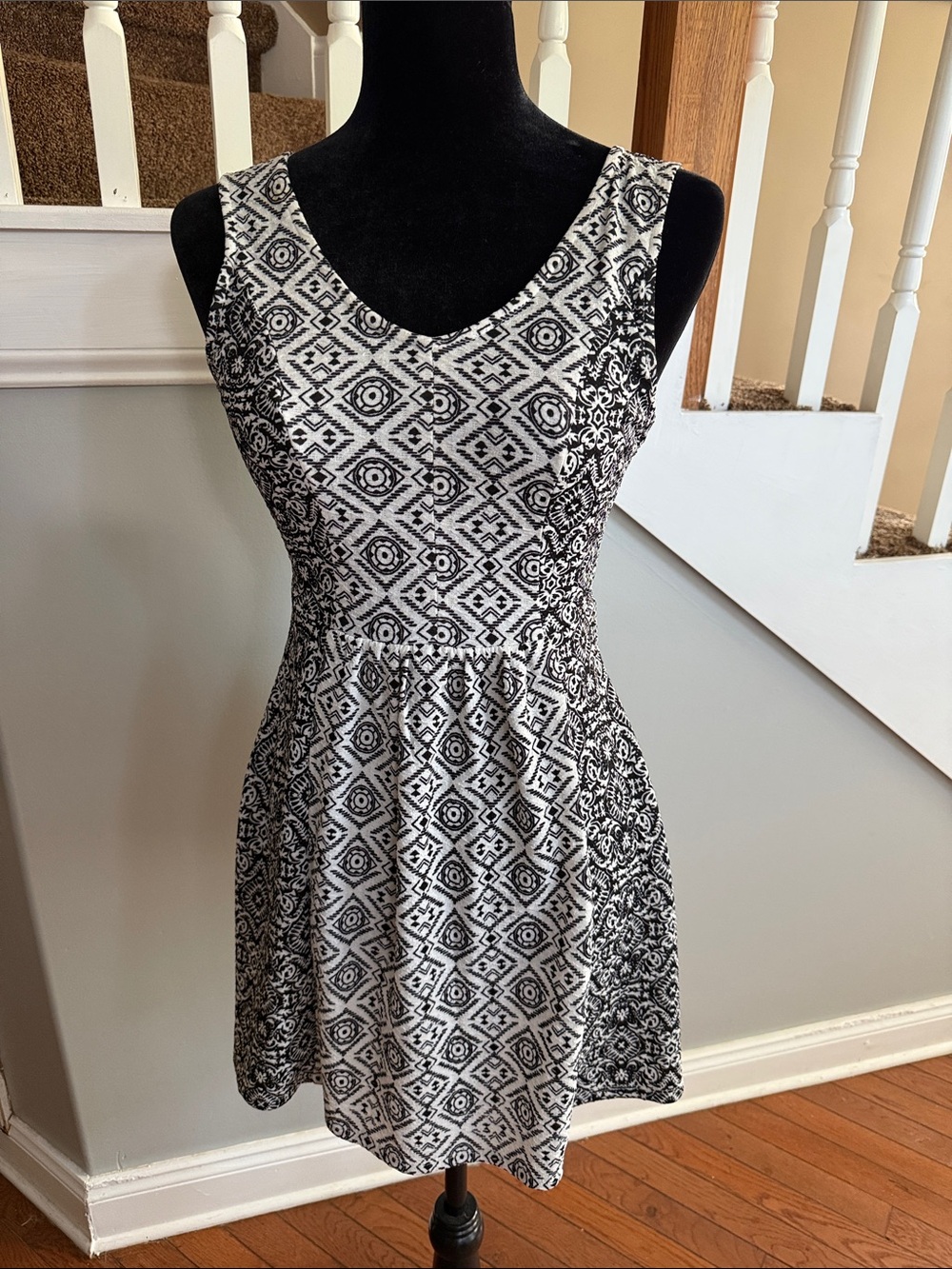Rewind Black & White Geometric Fit-and-Flare Dress
